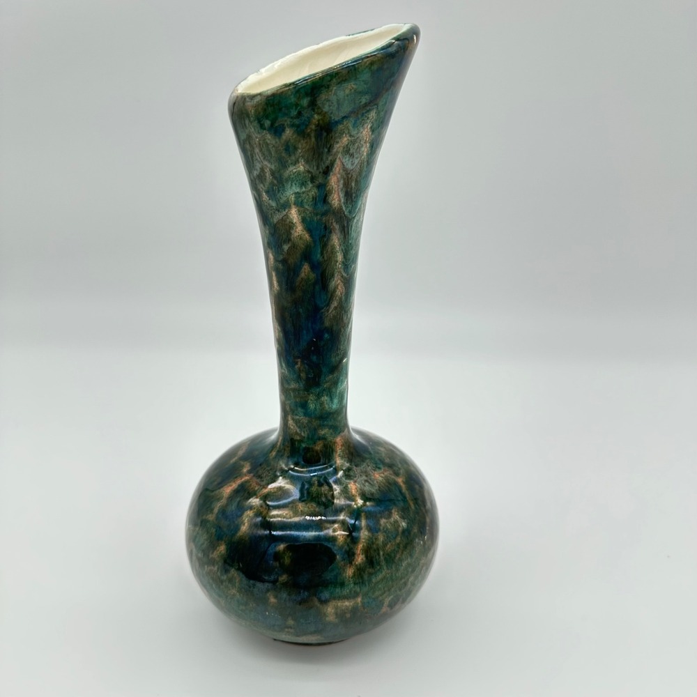 Blue Mountain Pottery Bud Vase 383 8.5" Teal Green Drip Glaze Slant Rim Vintage - Picture 13 of 16